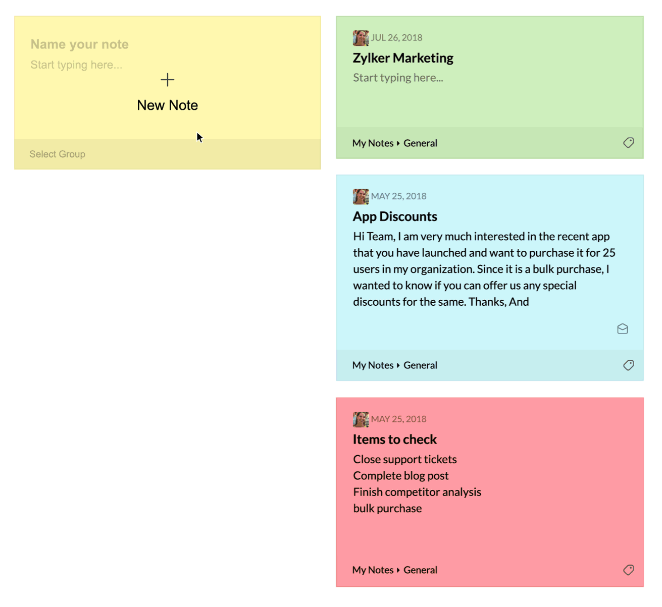 Notes module demonstration in Zoho Mail