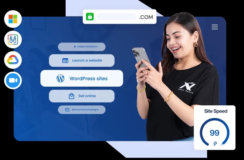 Illustration of a woman showcasing web hosting services