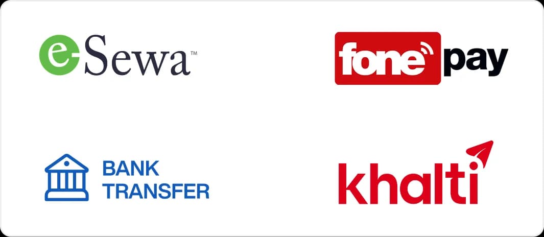 Local payment partner gateways like eSewa, fonepay, and khalti Local payment partner gateways like eSewa, fonepay, and khalti