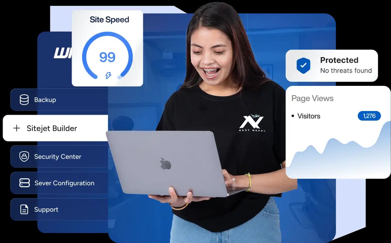 Illustration of a woman showcasing web hosting services