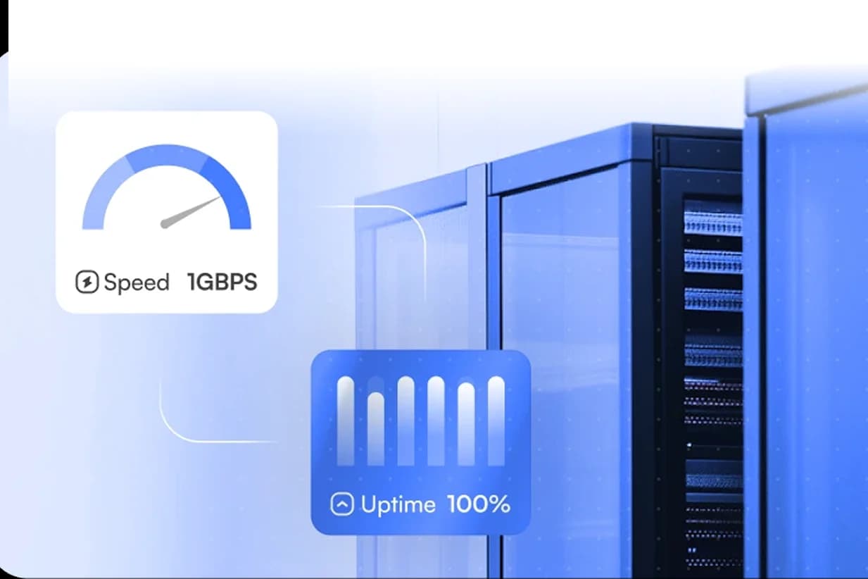 Server rack with speed and uptime indicators Server rack with speed and uptime indicators