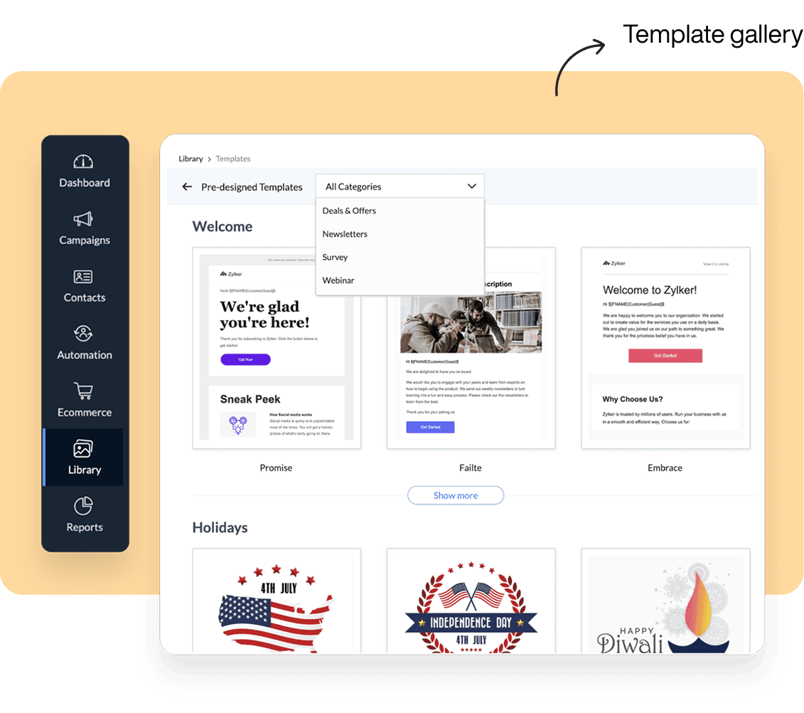 Email template gallery interface