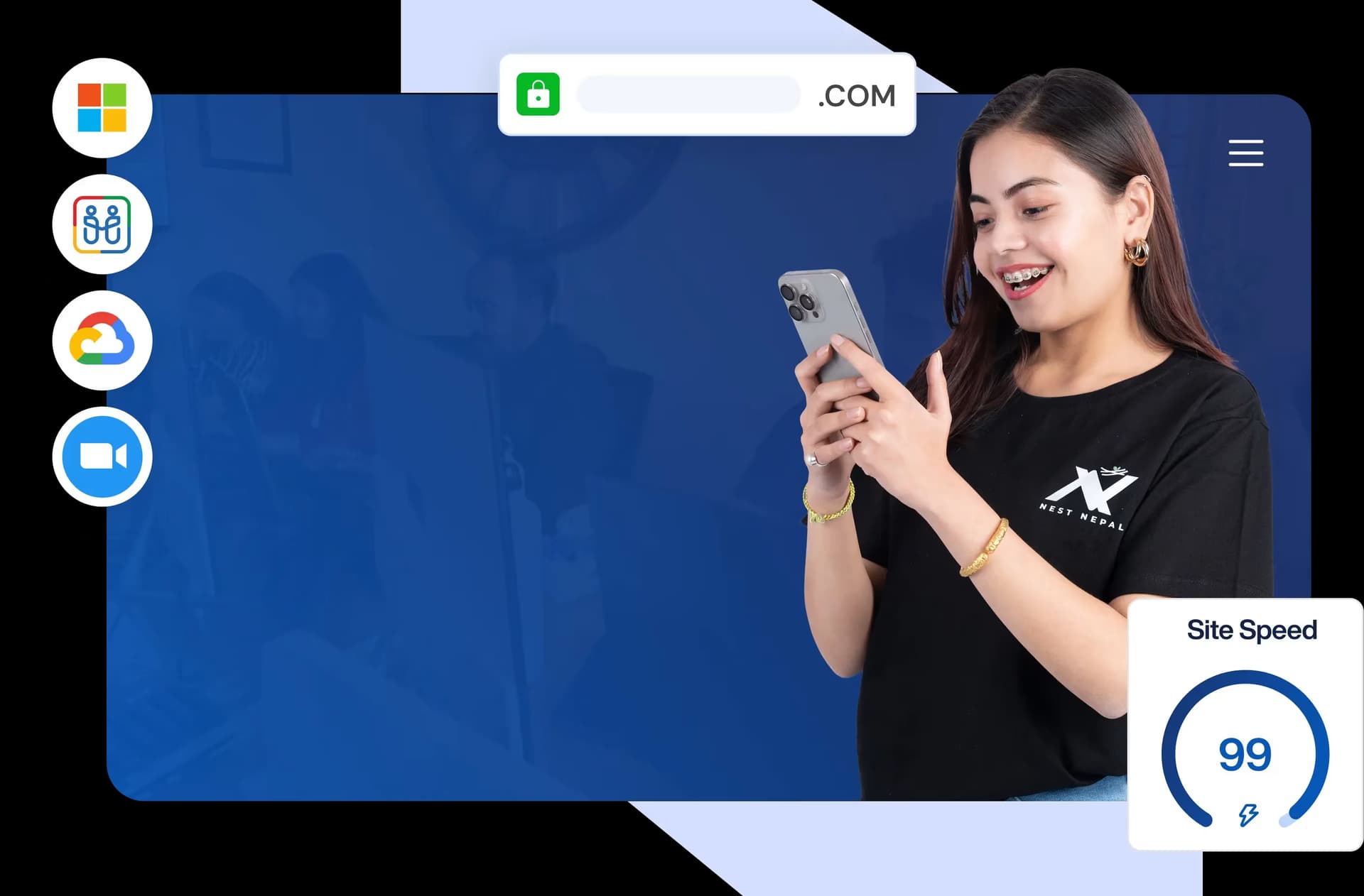 Nest Nepal Web Hosting — fast, reliable hosting in Nepal Illustration of a woman showcasing web hosting services