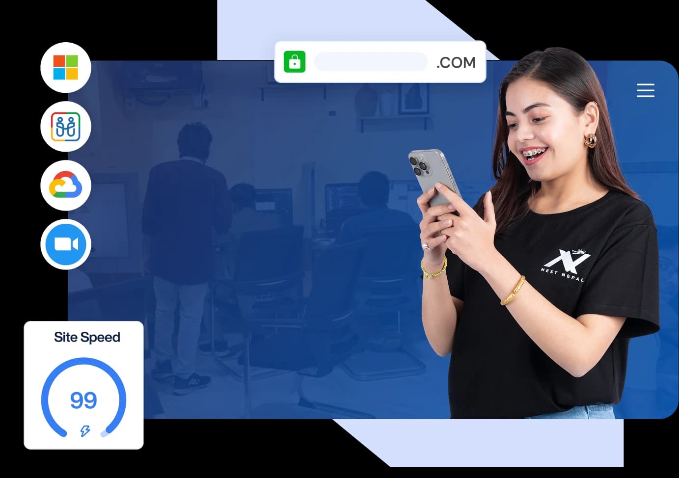 Illustration of a woman showcasing web hosting services