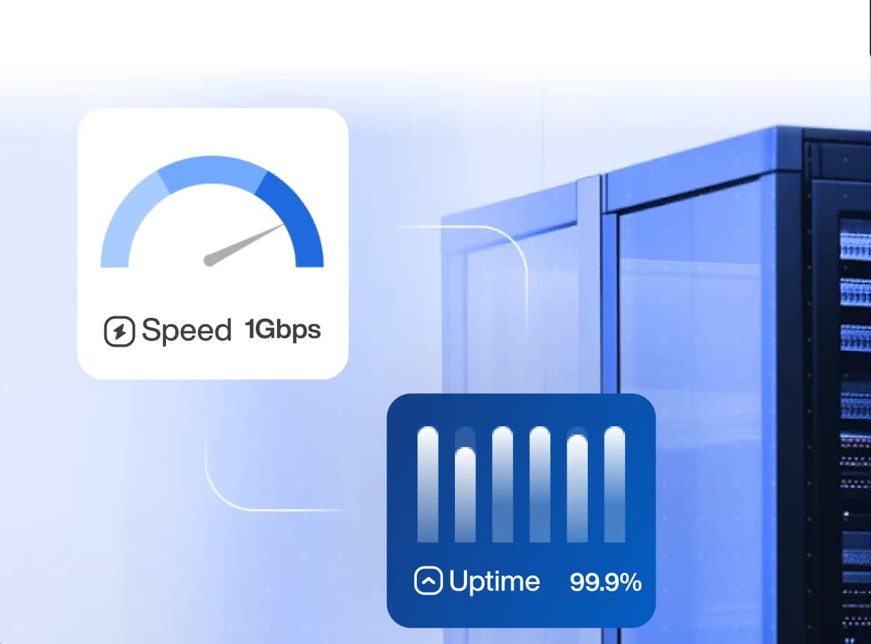 Server rack with speed and uptime indicators