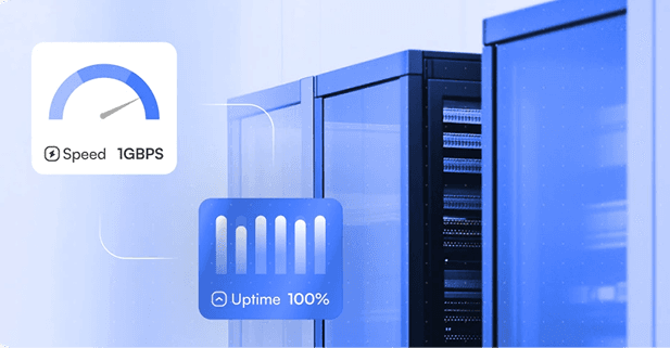 Server rack with speed and uptime indicators