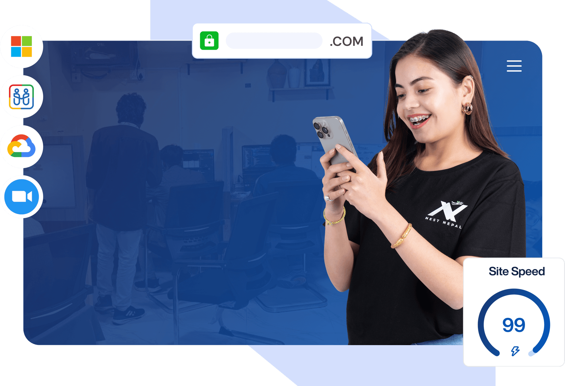 Nest Nepal Web Hosting — fast, reliable hosting in Nepal Illustration of a woman showcasing web hosting services